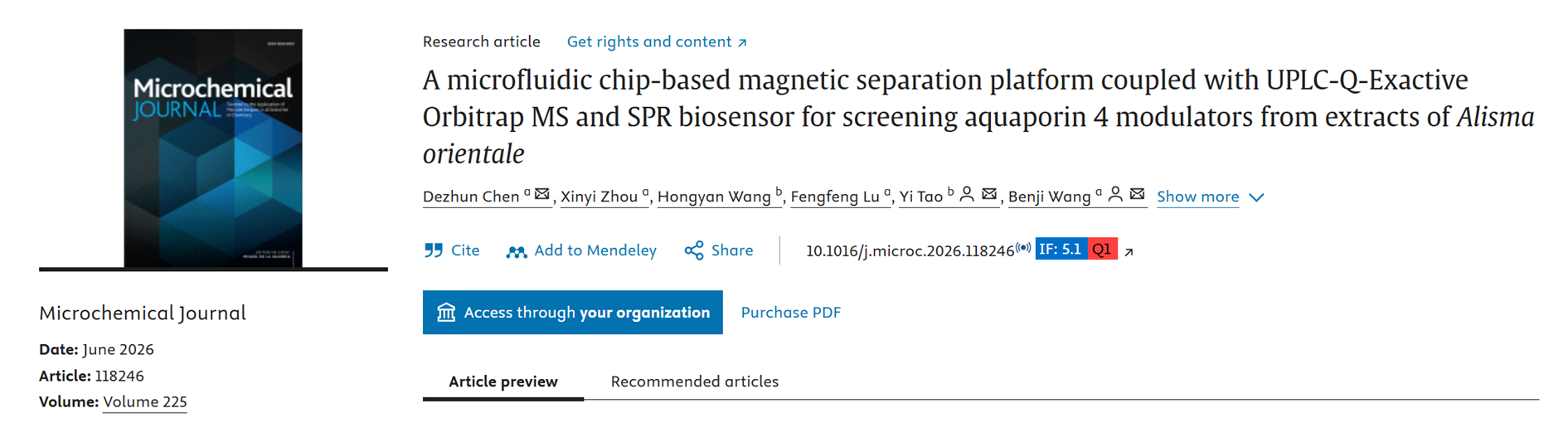 A microfluidic chip-based magnetic separation platform coupled with UPLC-Q-Exactive Orbitrap MS and SPR biosensor for screening aquaporin 4 modulators from extracts of Alisma orientale